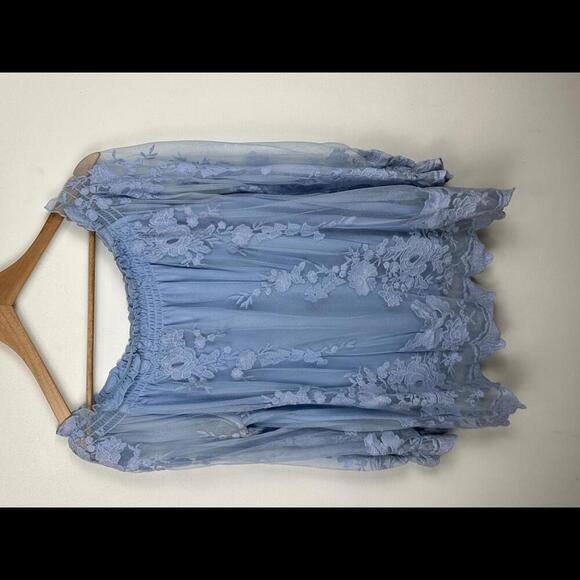 Marled Off the Shoulder Baby Blue Lace Embroidered Sheer Blouse SIZE L - Picture 3 of 4